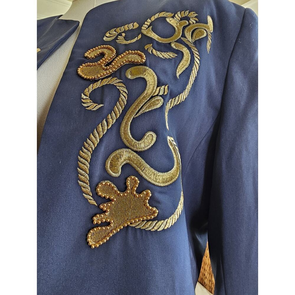 Mondi Vintage Blue Gold Embroidered Cropped Blazer Women's Size 44 Nautical - Picture 5 of 11
